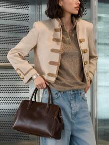 Women's Minimalist Versatile Padded Shoulder Knot Jacket, Vintage Frog Button Short Outerwear - Champagne - View 3