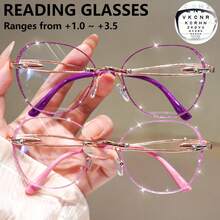 2Pcs Oversized Rimless Cat Eye Reading Glasses, Sparkling Lens Embellishment Design, Equipped With Premium Metal Hinges, Luxury Eyewear Suitable For Women's Daily Reading - White - View 8