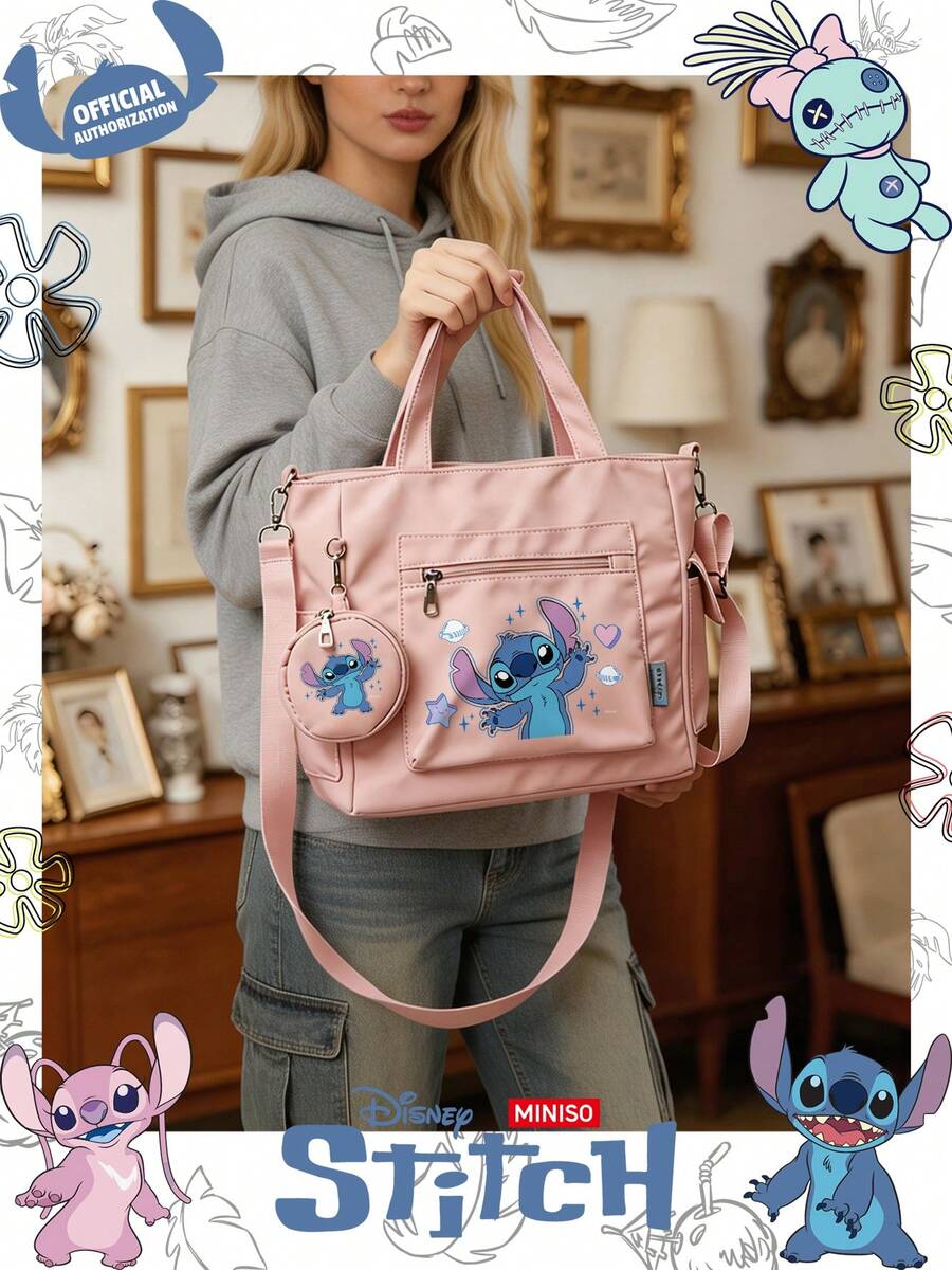 Miniso Disney Stitch 可愛愛心與星星卡通印花托特包 2 件組附零錢包,適合工作、旅行、購物與日常使用 - 粉色 - 查看 1