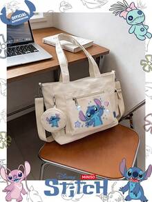 Miniso Disney Stitch 可愛愛心與星星卡通印花托特包 2 件組附零錢包，適合工作、旅行、購物與日常使用 - 白色 - 查看 3