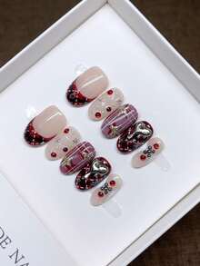 Handmade Wearable Press-On Nails, Oval Shape, Hand-Painted Personalized French Hot Girl Style Manicure, Y2K Style Nails, Unique Niche Creative-On Nails, Autumn And Winter Daily Manicure, Detachable And Reusable. - Multicolor - View 9