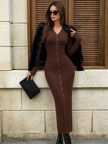 Roviva Women's Autumn Casual Commute Long Sweater Dress, Suitable For Party, Gathering, Holiday, Birthday Party, Work Commute, Office, Beach Vacation - Coffee Brown - View 3