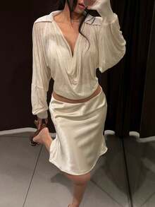 SYchuan Women's White Collar Long Sleeve Crop Top With Ruched Bust And Backless Details, High Stretch Knitted Fabric For Gorgeous Outfits - White - View 8