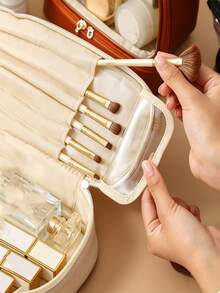 1pc Transparent Double Layer Makeup Bag, Gold Zipper Hardware, Dual Compartment Storage Design, Portable Handheld Cosmetic Bag, Suitable For Vacation, Weekend Trips And Daily Use Travel Toiletry Bag - Multicolor - View 8