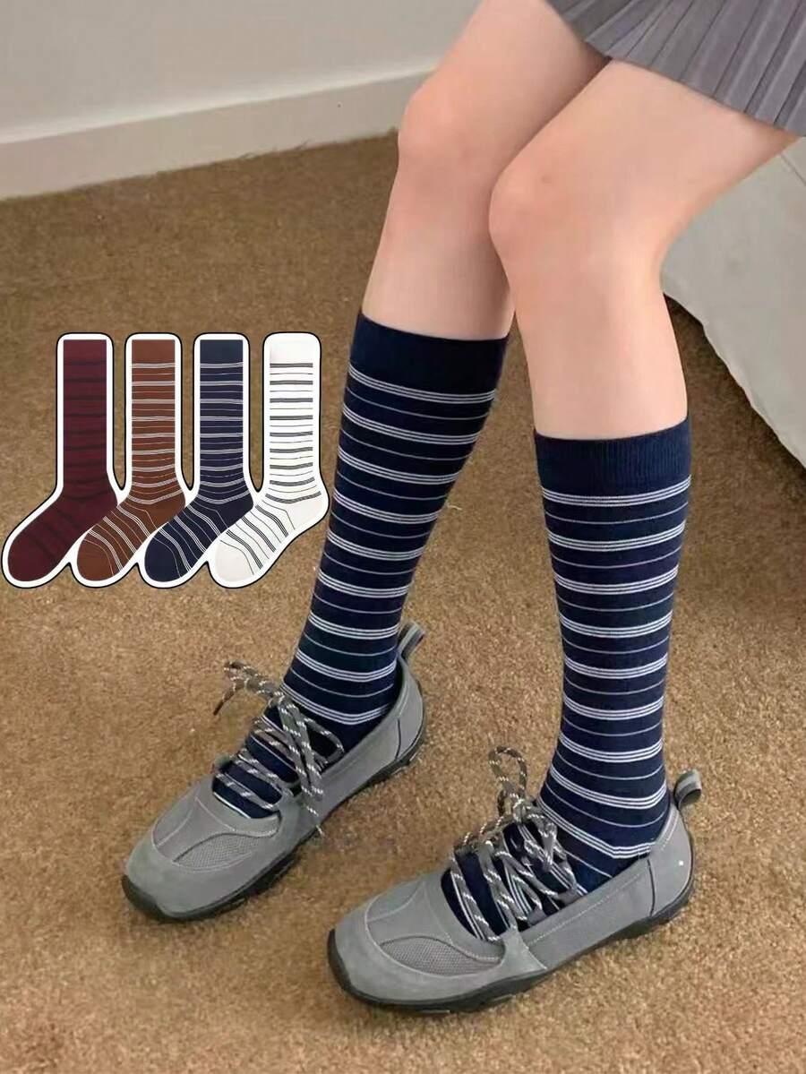 1/2/4 Pairs Women's Knee-High Socks, College Style Retro Striped Slouch Socks, Warm & Windproof For Autumn/Winter, Versatile For Boots And Daily Wear - Multicolor - View 1