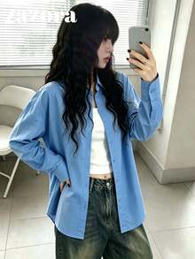 Women's Single-Breasted Korean Style Blue Long Sleeve Shirt - Blue - View 1