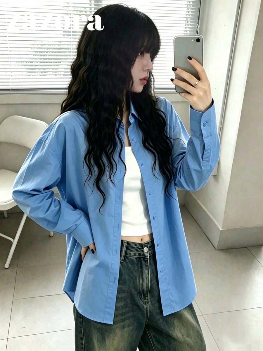 Women's Single-Breasted Korean Style Blue Long Sleeve Shirt - Blue - View 1