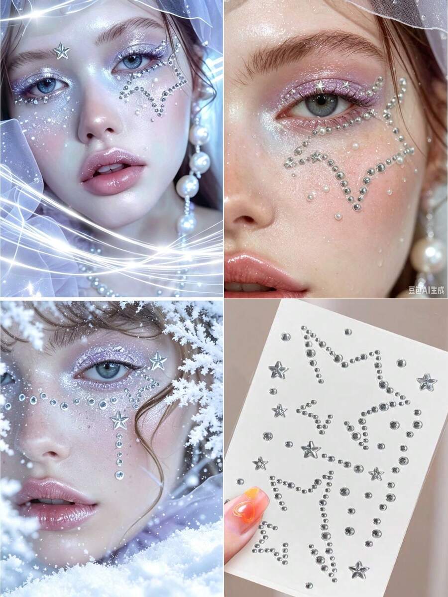 1 Set Christmas Silver Star Rhinestone Face Stickers With Tweezers, Self-Adhesive Glitter Chain Pentagram Face Decals, Ice & Snow Style Stage Christmas New Year Party Photoshoot Facial Decoration Rhinestone Stickers - Silver - View 1