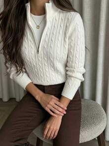 MORI Fall Winter French Chic Off White Half Zip High Neck Cable Knit Slim Sweater Pullover Tops Outerwear Women Work Streetwear Outfits - Off-white - View 3