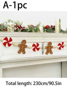 1 Set Gingerbread Man And Peppermint Candy Felt Garland, Gingerbread Man Wooden Bead Design, For Christmas Home Wall Decor, Winter Theme Party Hanging Scene Decoration, Fireplace Home Decor - Multicolor - View 3