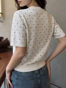 Women Fall Polka Dot Knit Sweater, Crew Neck Short Sleeve Slim Pullover Tops For Daily Office Casual Outfits - Grey - View 2