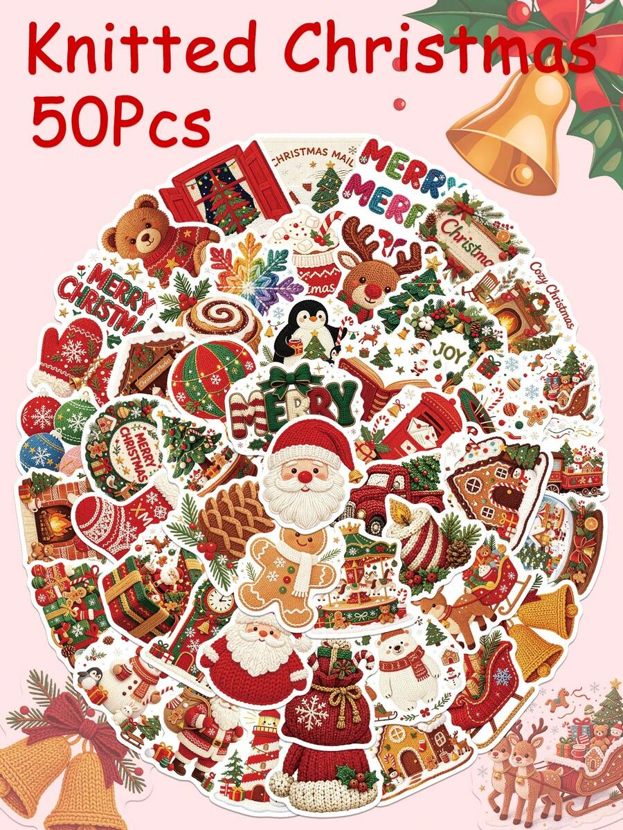 50Pcs Cute Knitted Christmas Stickers Cartoon Santa Reindeer Christmas Tree Stickers For Fridge Phone Water Bottle Envelope Gift DIY Craft Stickers - Multicolor - View 1