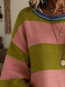 Plus Size Women's Striped Knit Pullover Sweater, Long Sleeve Round Neck Drop Shoulder Ribbed Top, Suitable For Autumn/Winter Season - Multicolor - View 6