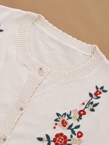 Women's Elegant Round Neck Floral Embroidered Front Button Casual Sweater, Suitable For Spring, Autumn And Summer - Apricot - View 5