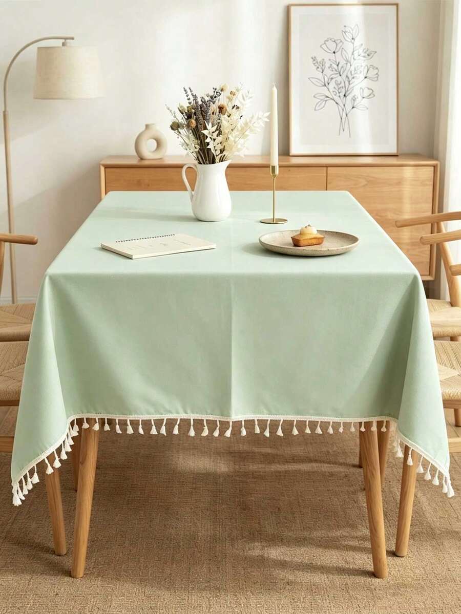 1/24pcs European Minimalist Solid Color Crinkle Tablecloth With Tassel Trim, Fresh Decorative Rectangular Tablecloth For Desk, Coffee Table, Dining Table - Multicolor - View 1
