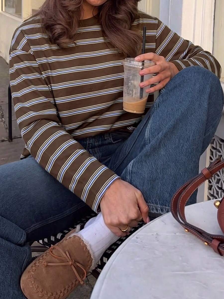 GLAMSKIN Women's Autumn Basic Striped Long Sleeve T-Shirt, Round Neck Drop Shoulder Loose Crop Top, Casual Lazy Style, Back To School Daily Outfit - Brown - View 1