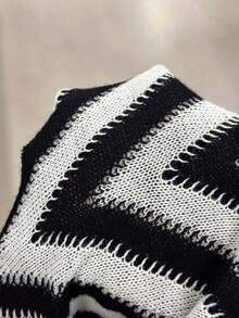 Plus Size Casual Fashion Black & White Striped Belted Long Sleeve Cardigan Sweater - Black and White - View 9