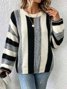 Plus Size Casual Fashion Black & White Striped Colorblock Crew Neck Long Sleeve Knit Sweater - Black and White - View 6