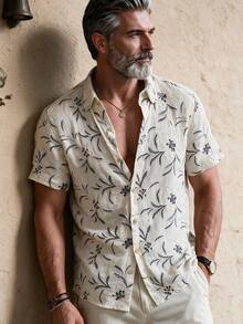 GOLDREDY Men's Summer Casual Elegant Botanical Floral 3D Embroidered Textured Random Pattern Heavy Work Fashion New Short Sleeve Shirt Suitable For Vacation Commuting And Outdoor Wear - Apricot - View 2