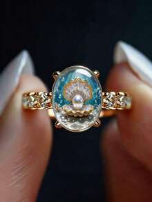 Dreamy Clear Ocean Style Shell & Pearl Ring, Women's Creative Miniature Underwater World Finger Ring, Rhinestone Mermaid Crystal Jewelry, Holiday Birthday Gift - Multicolor - View 6