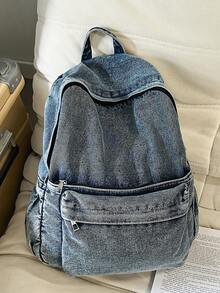 1pc Vintage Men's Backpack, Fashion Solid Color, Adjustable Shoulder Straps, Zipper Closure, Astronaut Pendant, Casual Retro Daily Commute, Large Capacity, Lightweight, Washed Canvas, College Style, Peach Tree - Blue - View 5