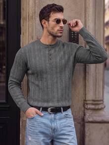 Men Old Money Heather Ribbed Knit Long Sleeve Top, Crew Neck Loose Fit Knitted Shirt, Preppy Layer Tee For Campus Daily & Holiday Vacation Outfits - Grey - View 8