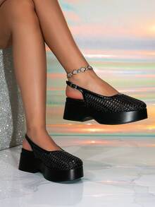 Women's New Thick Sole High Heel Closed Toe Sandals, Woven Hollow Back Strap Buckle Breathable Mayujin Shoes - Black - View 2