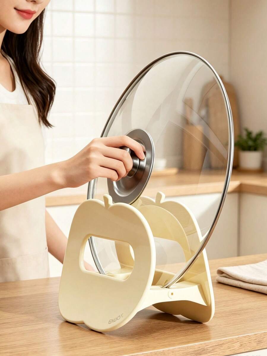 1pc Apple Shaped Lid Rest Stand, Cream White Red Cutting Board Holder, Kitchen Countertop Pot Lid Organizer Rack, Space Saving Cooking Lid Holder With Drip Tray - Multicolor - View 1