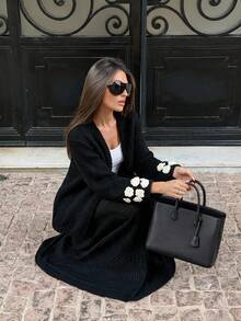 Autumn/Winter New Lazy Style Open Front Loose Fit Dropped Shoulder Long Sleeve Sweater With Handmade Crochet 3D Floral Decor, All-Match Casual Versatile For Holidays And Commuting, Women's - Black - View 7