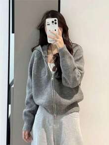 Korean Style Slouchy Wave Pattern Double Zipper Hooded Sweater Jacket Women's Autumn/Winter New Casual Versatile Top - Grey - View 1