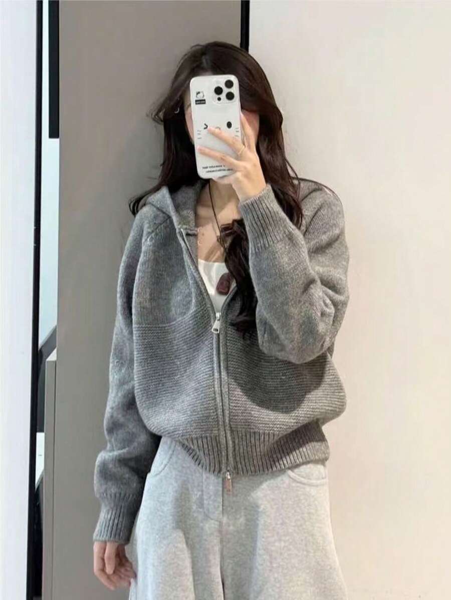 Korean Style Slouchy Wave Pattern Double Zipper Hooded Sweater Jacket Women's Autumn/Winter New Casual Versatile Top - Grey - View 1