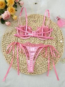 2件組女款刺繡內衣套裝，半透心形胸罩與蝴蝶結內褲，性感睡衣，女款秋季服飾 - 粉色 - 查看 2