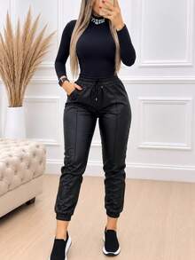 jogger pantalon pants vinipiel piel falsa  con resorte en tobillo modeno juvenil casual - Negro - Ver 11