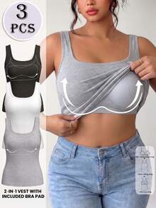 3 PiecesPlus Size Ribbed Tank Tops, Wirefree Sewn-In Cups Cami, Everyday Basic Fall Base Layer - Multicolor - View 5