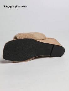 Women's Plush Wedge Heel Slide Sandals, Square Toe Open Toe Outdoor Mule Slippers - Khaki - View 9
