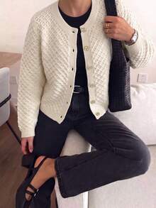Elegant Ladies' Autumn/Winter Fashionable Daily Home Leisure Basic Simple Loose Solid Color Knitted Round Neck Long Sleeve Cardigan Jacket Sweater Top - Apricot - View 4