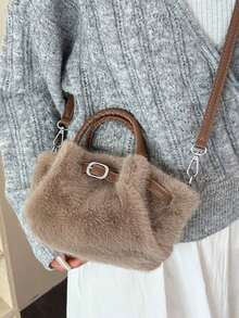 BAILEE Casual And Sweet-Style Faux Fur Handbag With Pleated Contrast-Colored Strap Design, Ideal For Outfit Coordination And A Preferred Gift Choice. - Multicolor - View 6