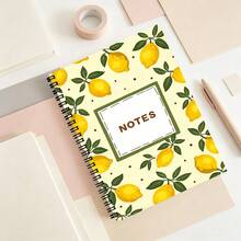 1pc 50-Page A5 Spiral Notebook, Light Beige Cover Decorated With Yellow Lemon And Green Leaf Pattern, Accented With Small Brown Dots, White Rectangular Frame With Green Border And "NOTES" Text In The Center, Black Spiral Binding Design, Lined Pages, Suitable For Journaling - Lemon - View 6