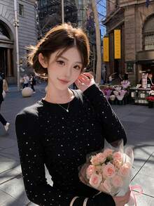 Sexy Hot Girl Fashion Rhinestone Long Sleeve Round Neck T-Shirt Women Autumn Winter Slim Fit Base Layer Top - Black - View 7