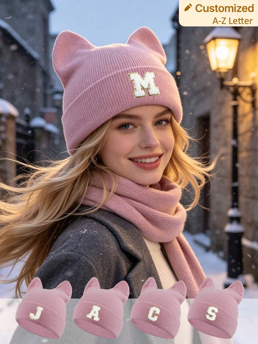 1pc Women's Bunny Ear Hat With Lettering & Cat Ears - Lightweight Warm Brimless Suitable For Winter, Christmas Thanksgiving ,Birthdays Gift - Pink - View 1