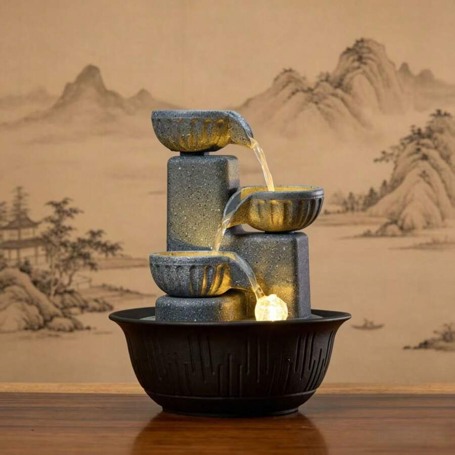 新款創意三層桌面水景裝飾，室內循環水景擺飾，適用於居家、客廳、玄關，加濕裝飾，喬遷禮物（無需電源）