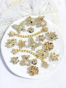 18件金色小熊鏈條蝴蝶星星水鑽套裝，時尚DIY鞋飾，燈光下閃亮，適用於花園鞋、涼鞋，可拆卸配件，節日禮物 - 金色 - 查看 6