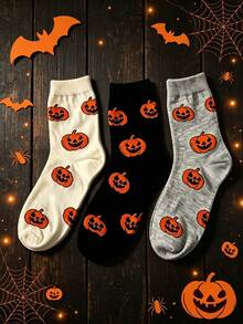 3 Pairs Women's Cute Cartoon Pumpkin Halloween Party Socks, Unisex All Season, Holiday Gift - Multicolor - View 6