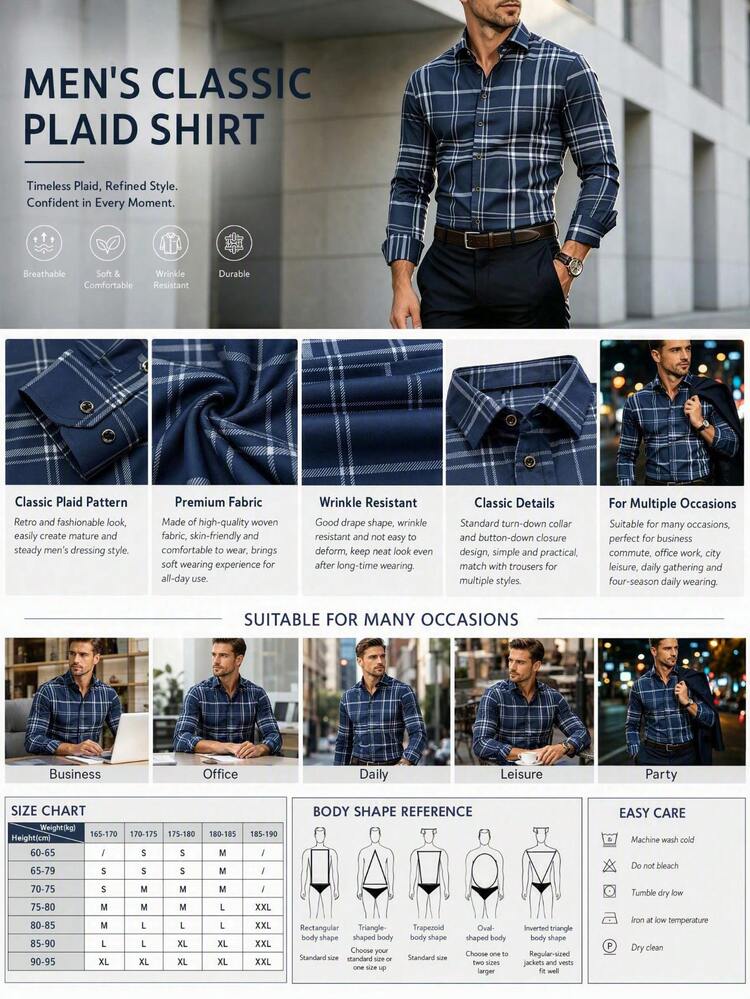Men's Casual Dress Shirt With Plaid Pattern For Multiple Occasions, Dining And Business - Essential Gift For Men - Navy Blue - View 5