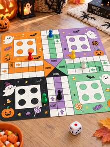 1pc Halloween Square Polyester Ludo Board Game Mat, Colorful 4-Player Game Board With Pumpkin, Ghost, Bat, Candy, Witch & Black Cat Prints, START/HOME Track Design, Includes 1 Bag Of Game Pieces, For Halloween Party & Family Games - Multicolor - View 12