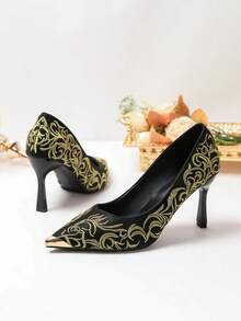 European And American Style Gold Embroidered Floral Pattern Pointed Toe Stiletto High Heel Pumps For Women, Elegant Versatile Low Vamp Evening Shoes - Gold - View 4