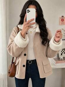 Women's Autumn/Winter Wool Blend Short Jacket, Long Sleeve Patchwork Faux Fur Collar Jacket, Front Button Pocket Design, Casual Versatile Outerwear - Beige - View 1