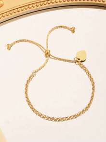 1pc Minimalist Heart Decor Adjustable Stainless Steel Bracelet For Women's Daily Wear - Gold - View 2