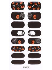 16pcs Autumn Fall Gothic Pink Black Pumpkin Leaf Spider Web Nail Wraps, Cute Spooky Self-Adhesive Nail Polish Strips For DIY Manicure - Multicolor - View 12