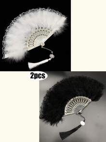 Retro Faux Feather Foldable Hand Fan, Classic Women Costume Accessory For Dance Performance,Wedding Decoration, Halloween Party And Music Festival - Multicolor - View 9